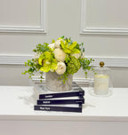 Green orchid peony and green berries real touch floral arrangement in decorative pot