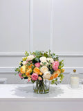 14-in Pink White Yellow Peony Real Touch Rose Silk Flower Arrangement