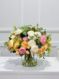 14-in Pink White Yellow Peony Real Touch Rose Silk Flower Arrangement
