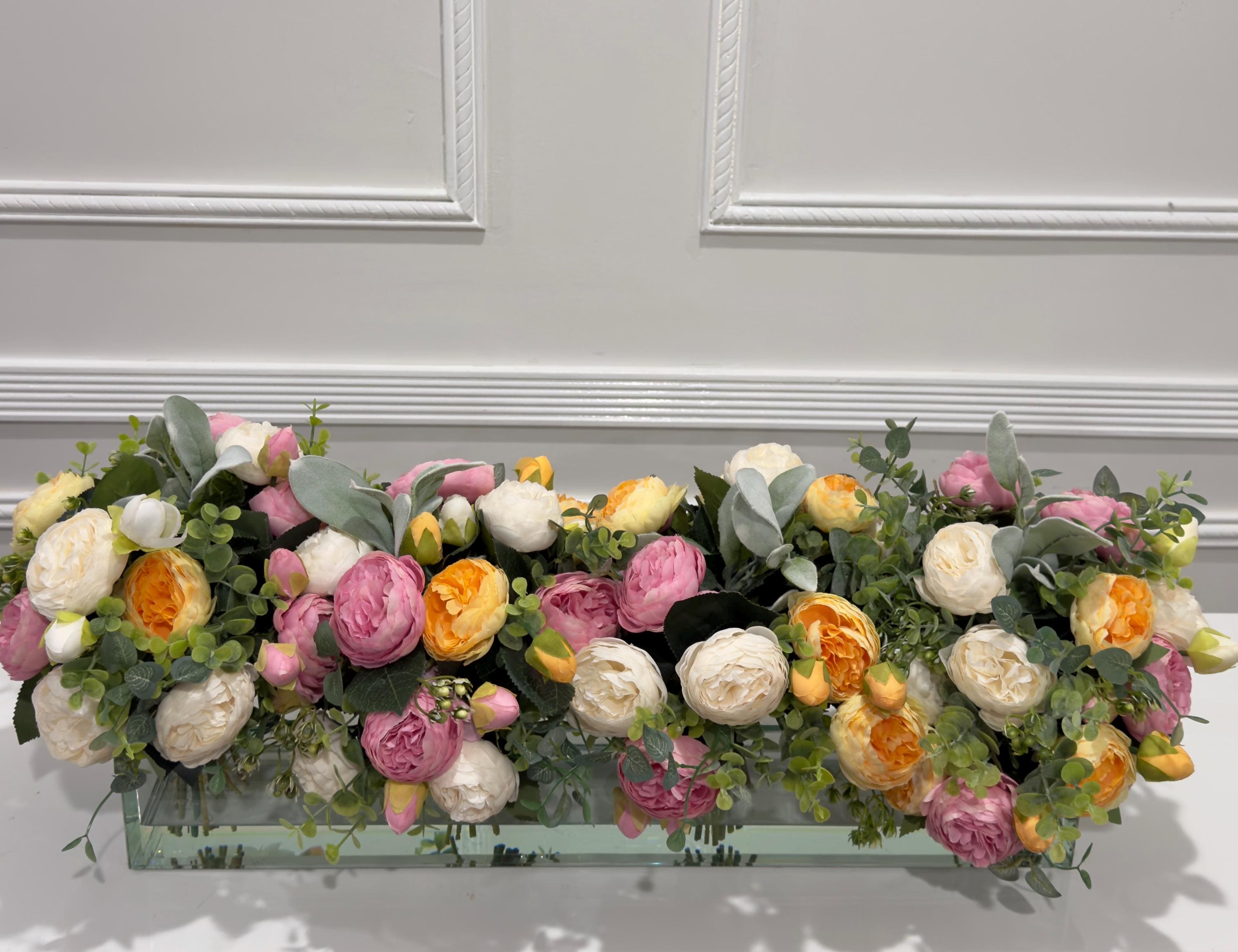 24-in White Rose Peony Silk Real Touch Long Centerpiece in Glass Vase