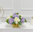 15-in Cream Purple Hydrangea Real Touch Centerpiece in Gold Metal Vase