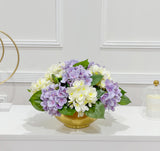 15-in Cream Purple Hydrangea Real Touch Centerpiece in Gold Metal Vase
