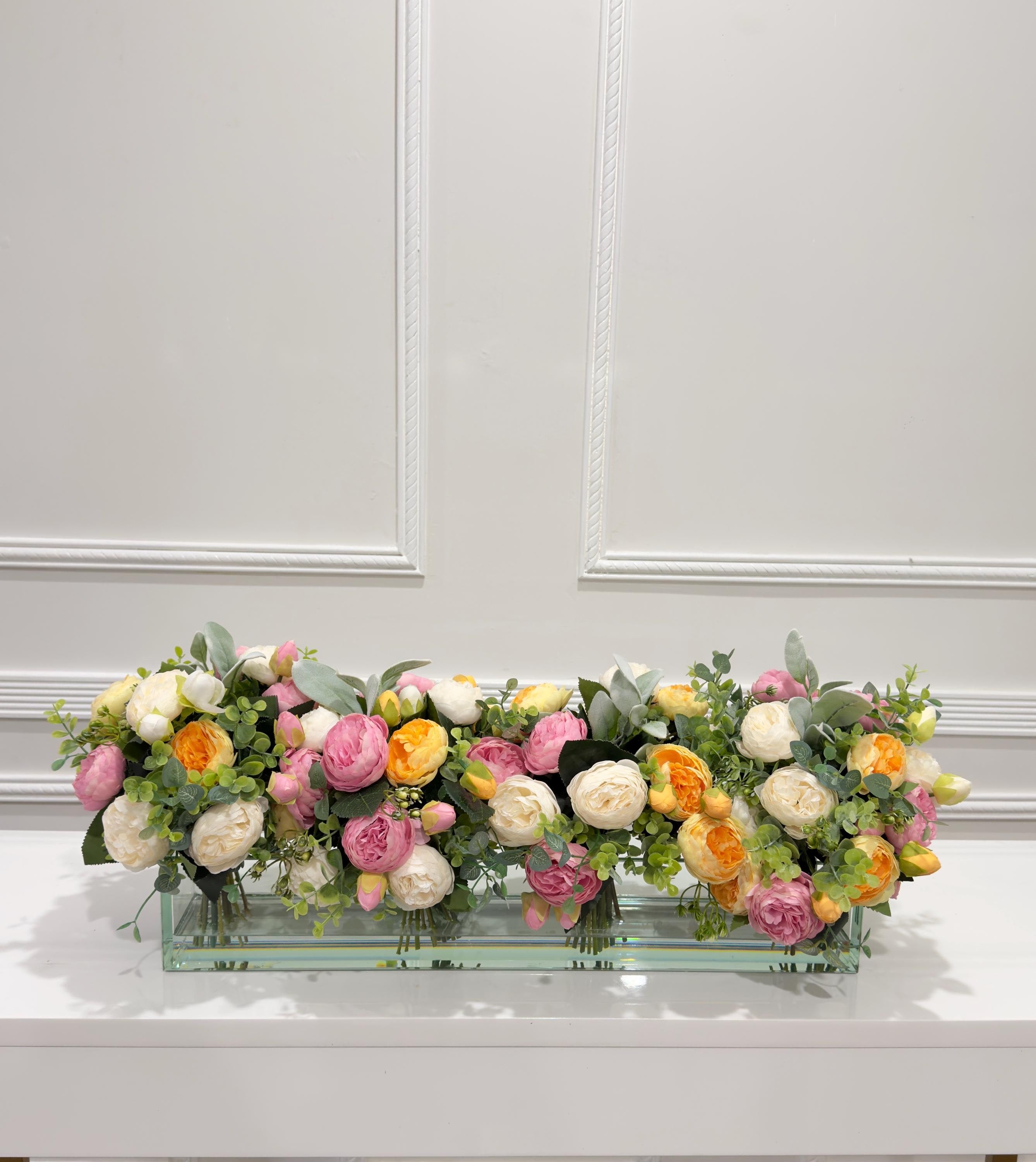 24-in White Rose Peony Silk Real Touch Long Centerpiece in Glass Vase Main image