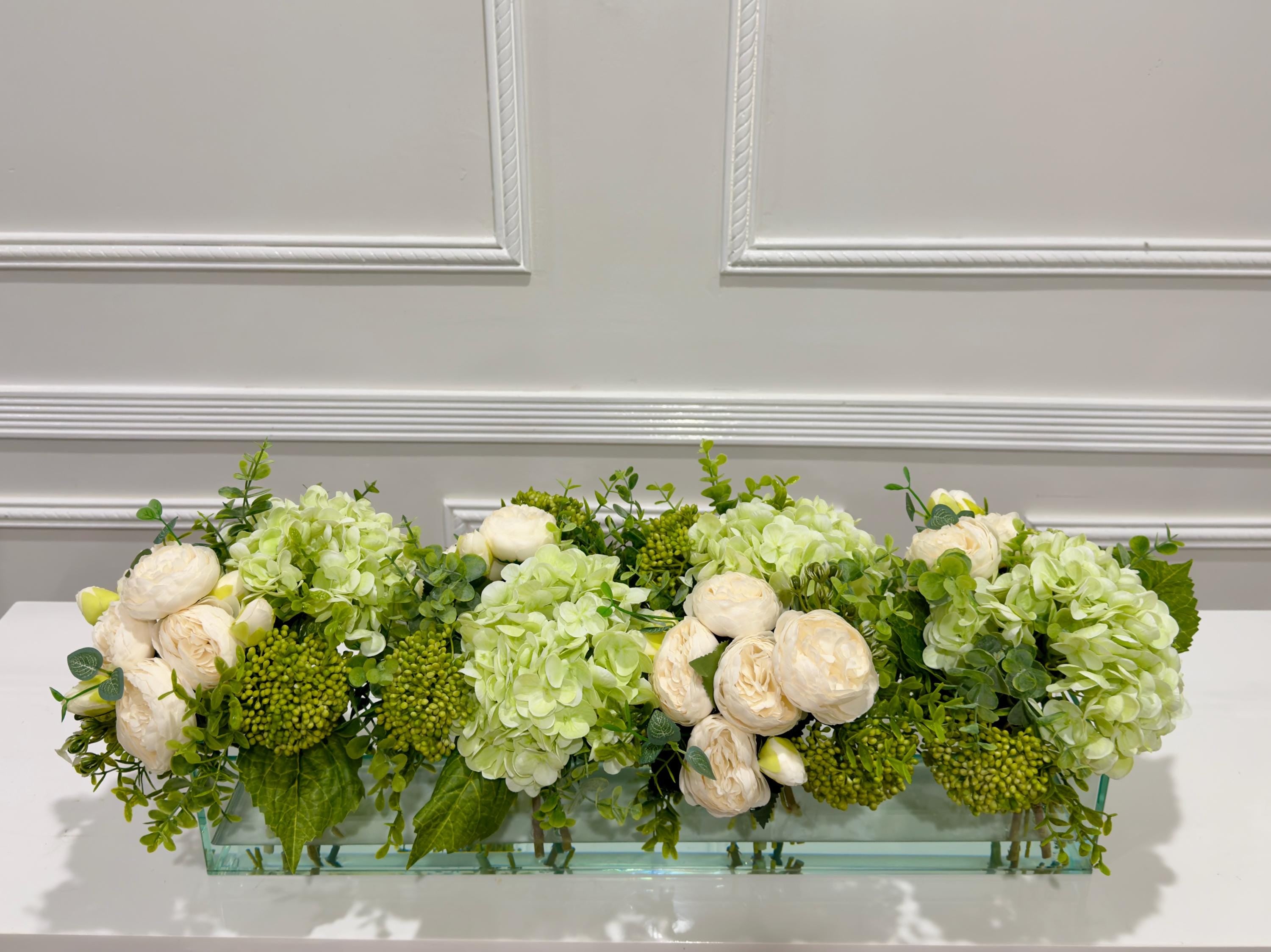 Luxury Faux Floral Arrangement Green Hydrangea White Rose Detail