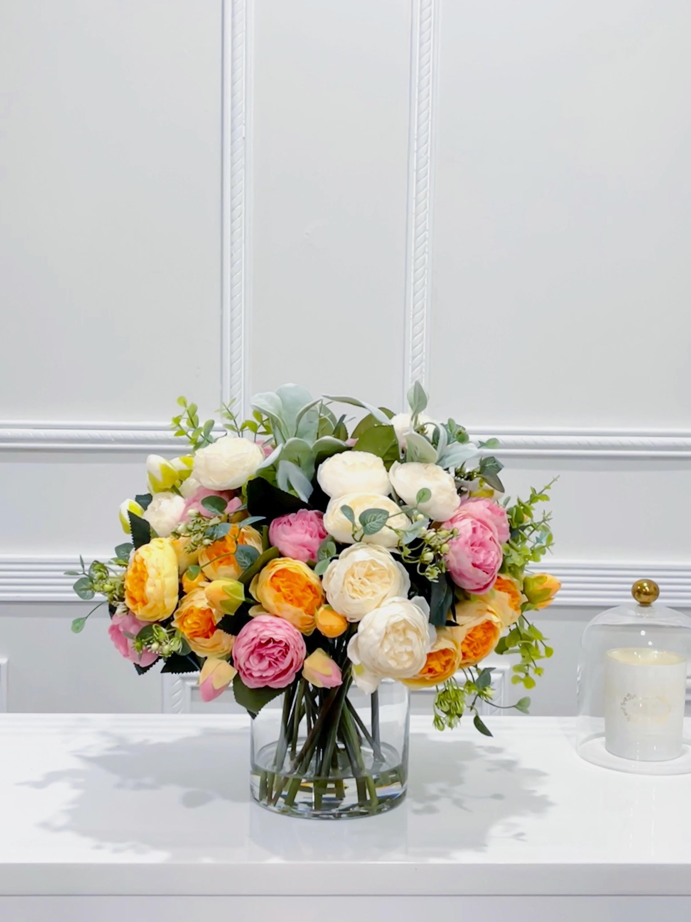 14-in Pink White Yellow Peony Real Touch Rose Silk Flower Arrangement