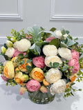 14-in Pink White Yellow Peony Real Touch Rose Silk Flower Arrangement