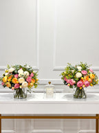 14-in Pink White Yellow Peony Real Touch Rose Silk Flower Arrangement