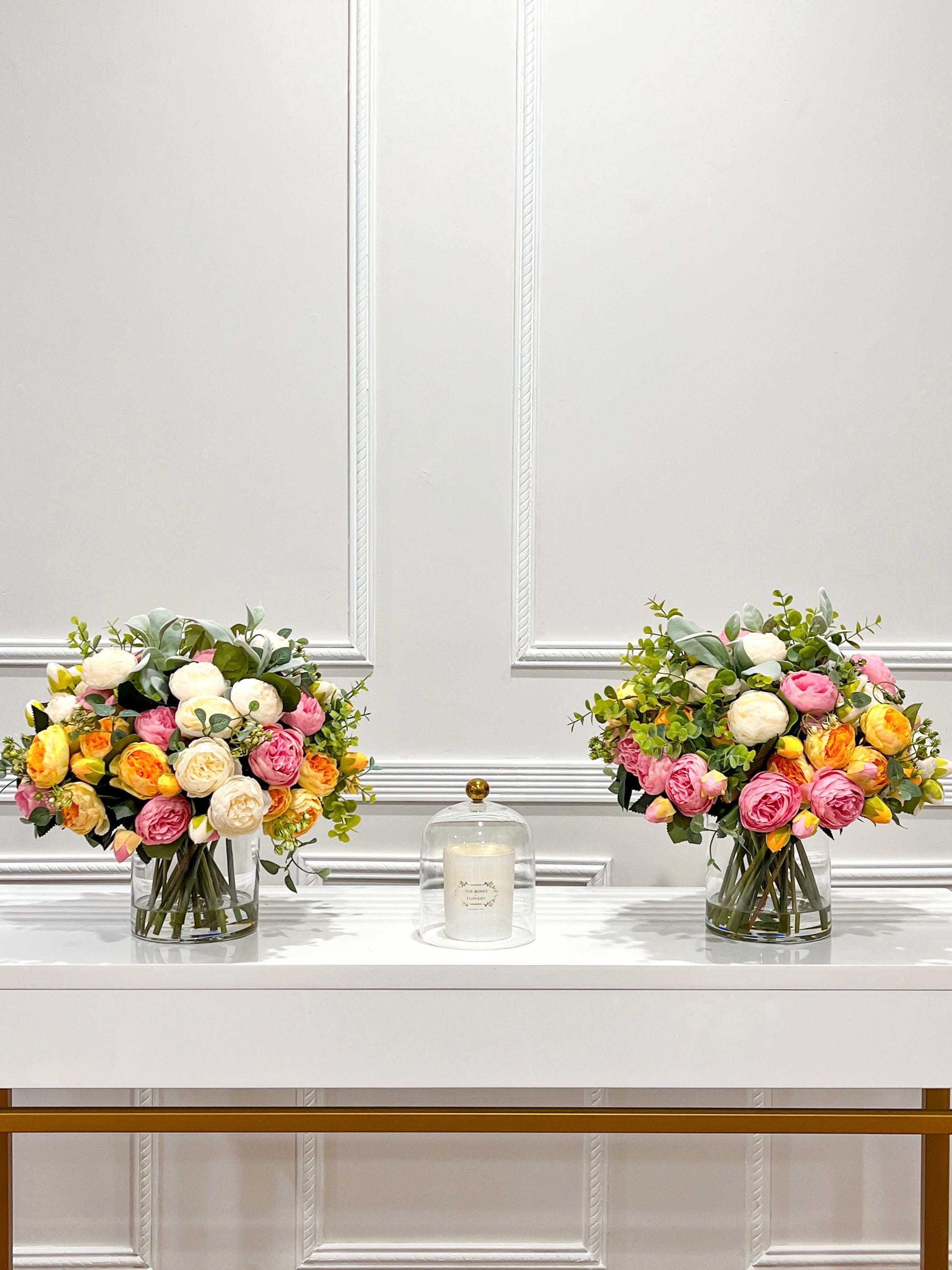 14-in Pink White Yellow Peony Real Touch Rose Silk Flower Arrangement