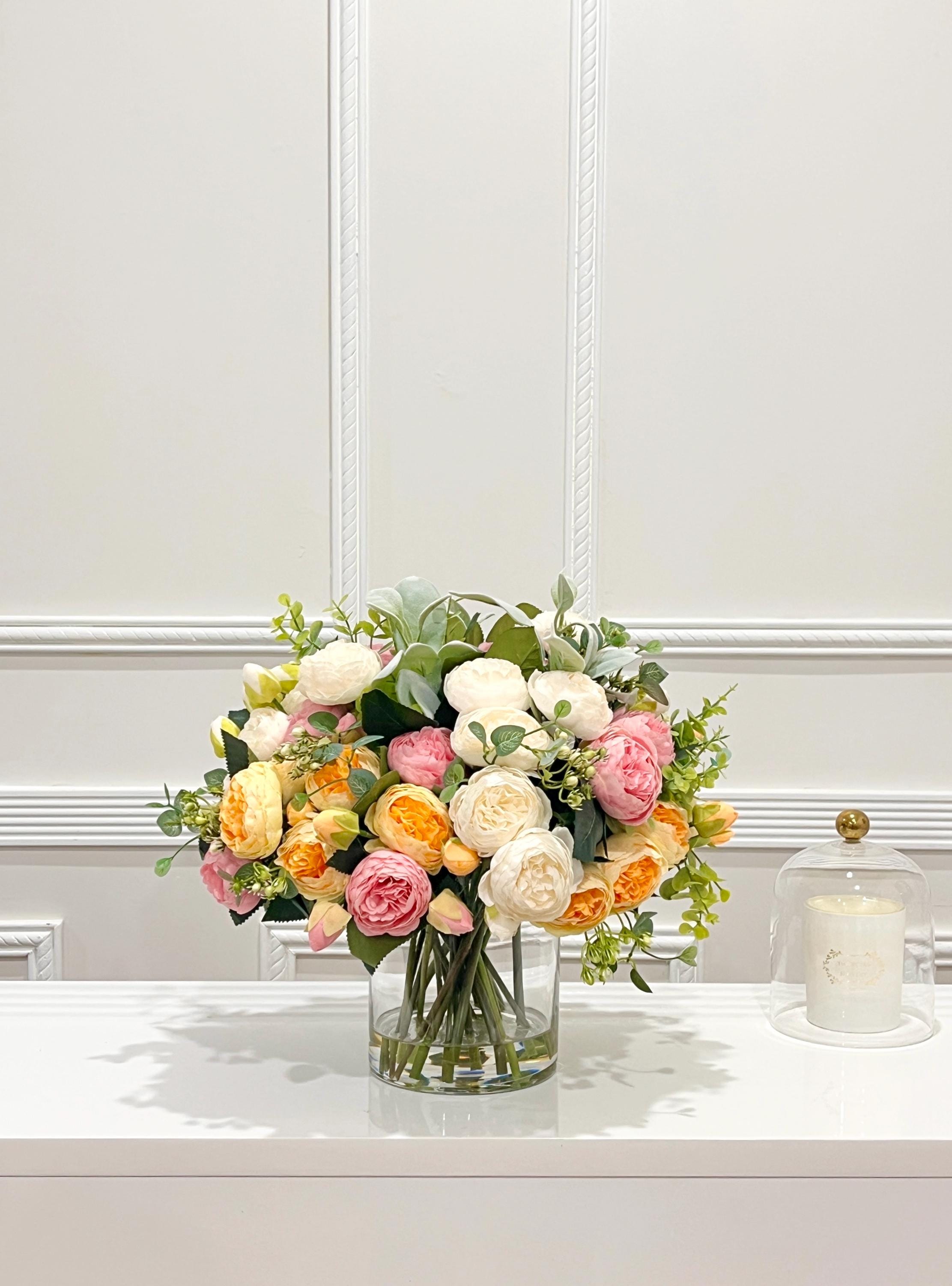 14-in Pink White Yellow Peony Real Touch Rose Silk Flower Arrangement