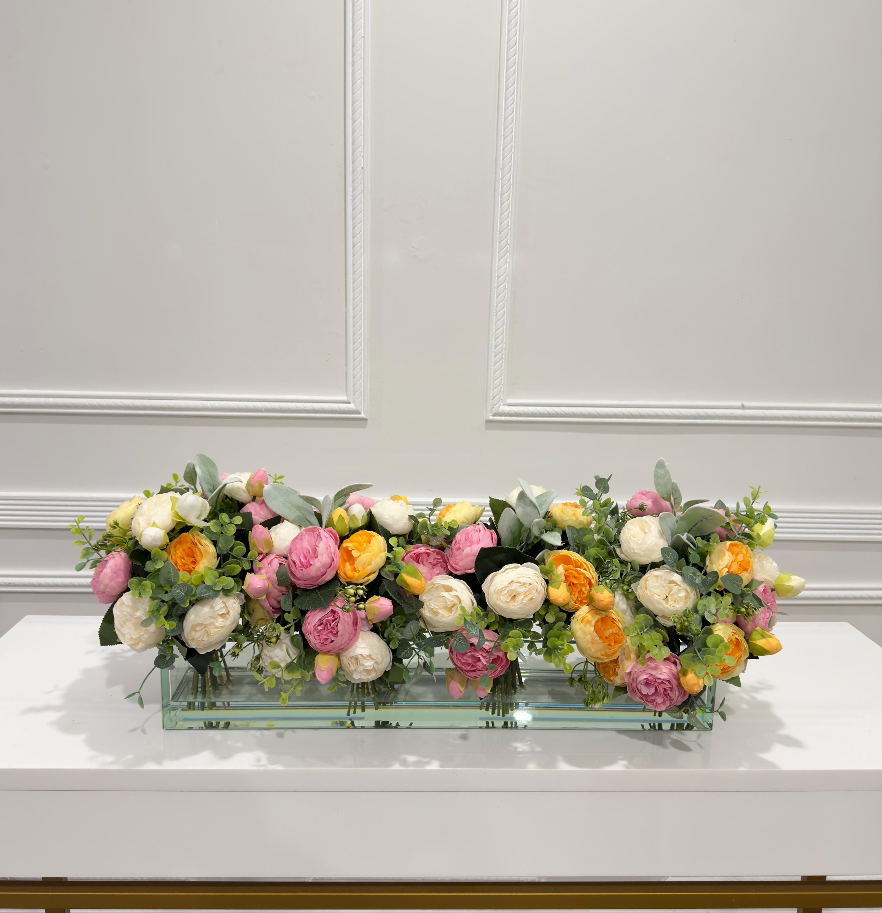 24-in White Rose Peony Silk Real Touch Long Centerpiece in Glass Vase