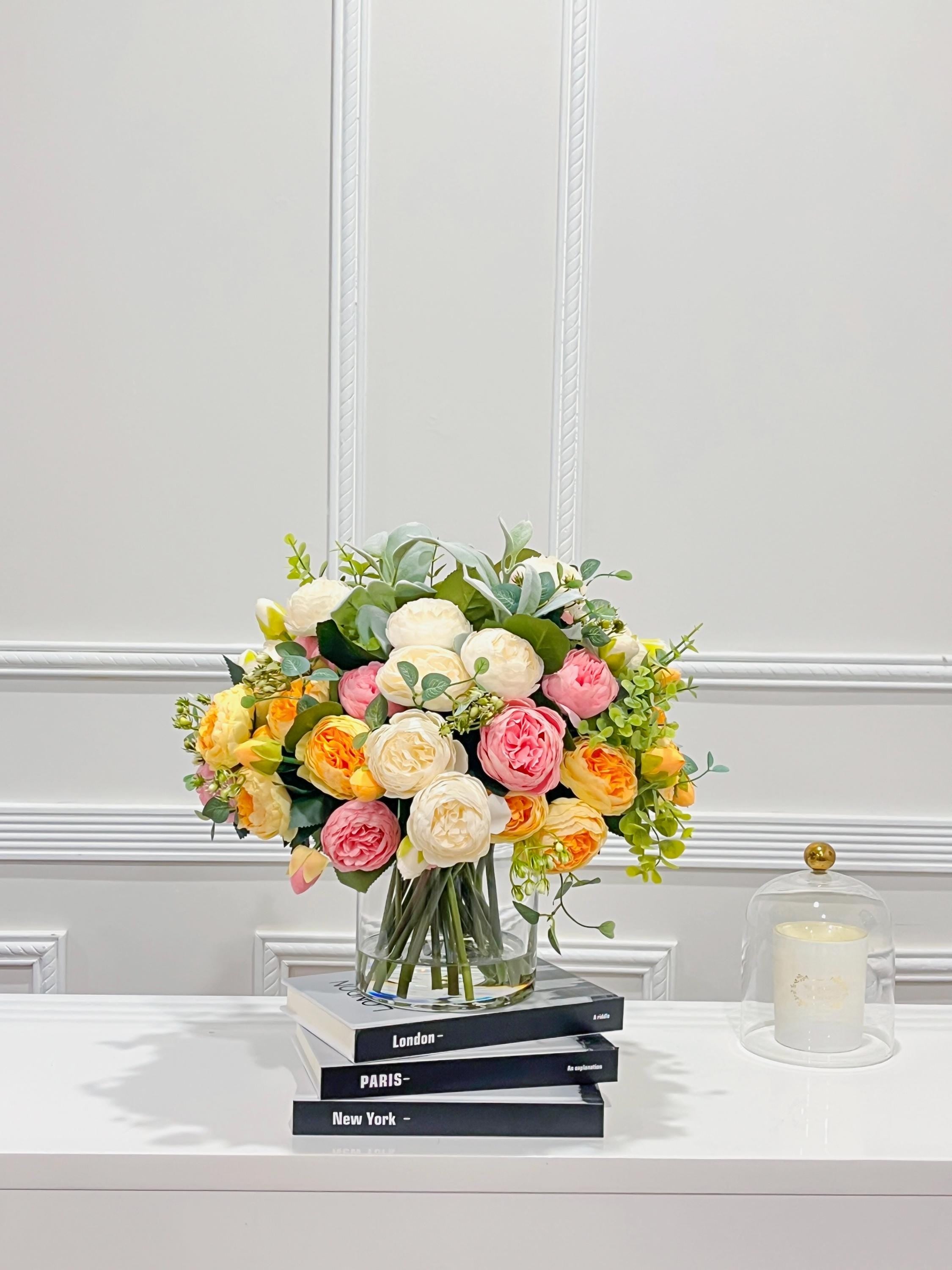 14-in Pink White Yellow Peony Real Touch Rose Silk Flower Arrangement Main image