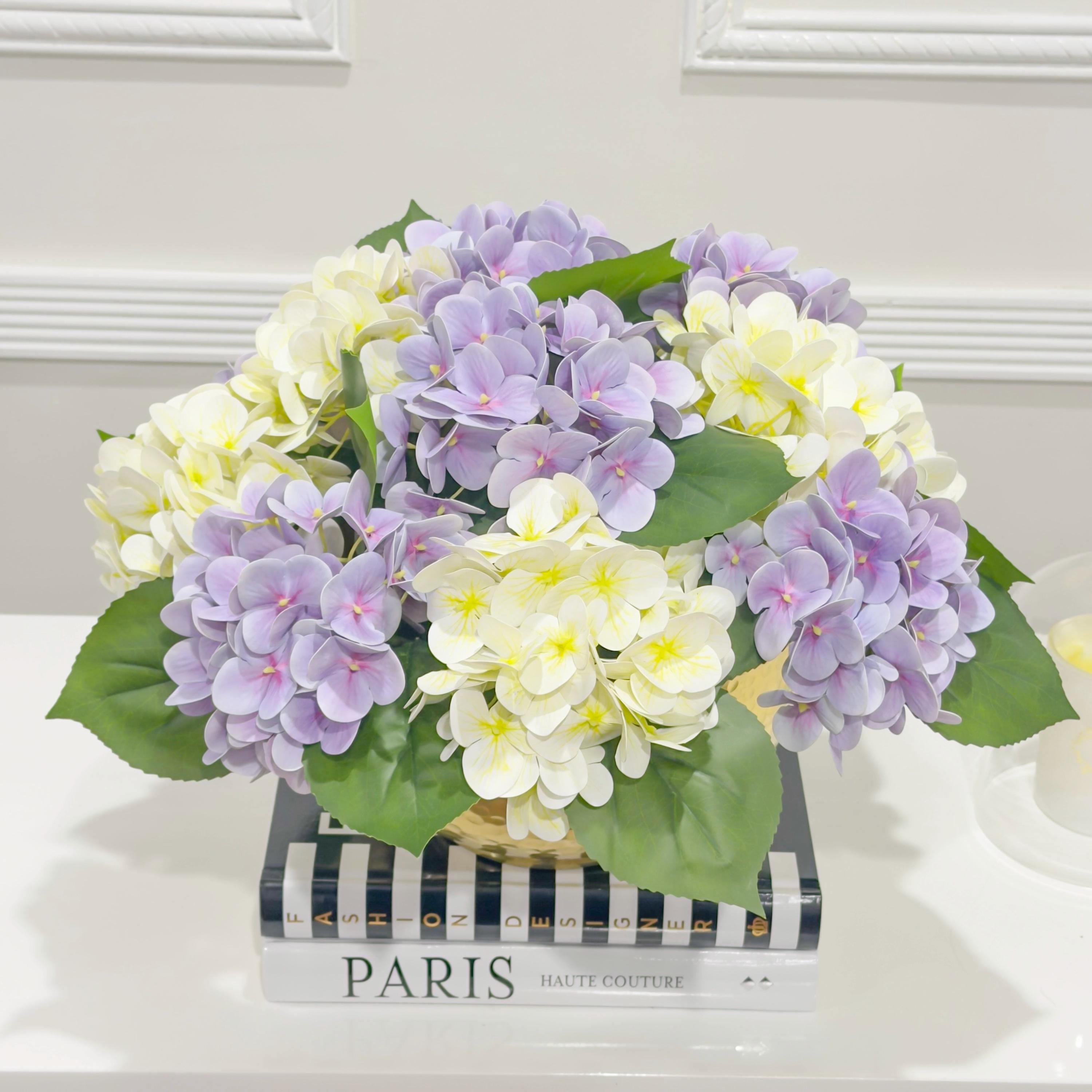 15-in Cream Purple Hydrangea Real Touch Centerpiece in Gold Metal Vase