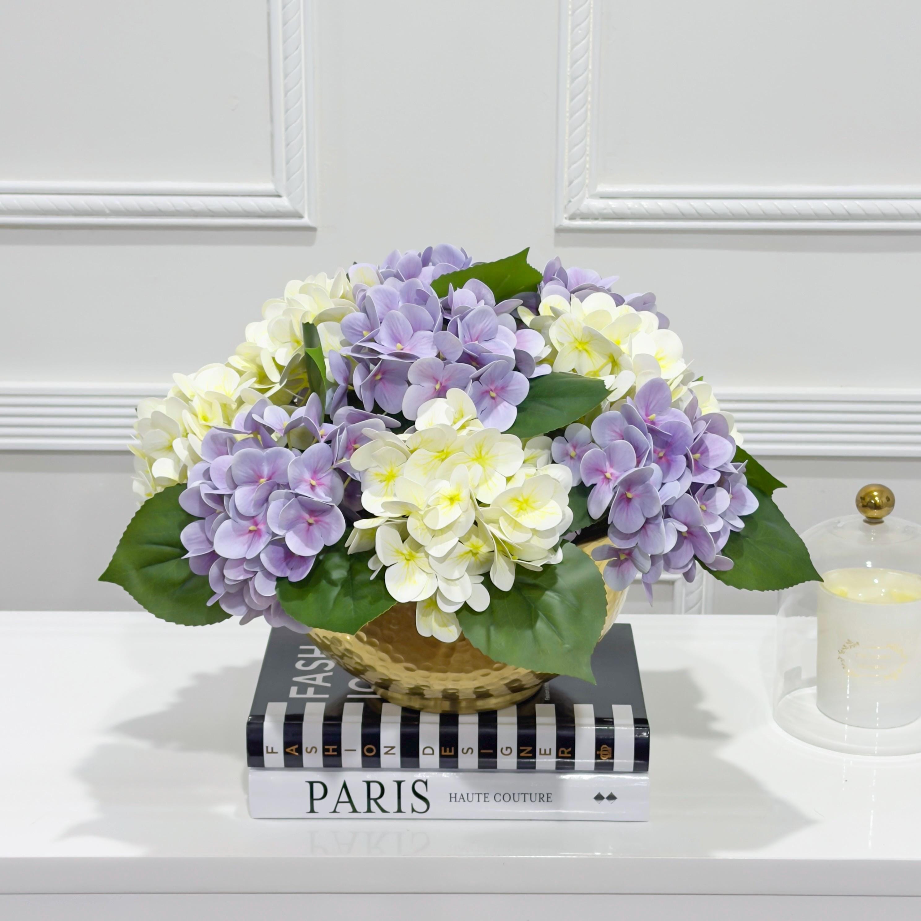15-in Cream Purple Hydrangea Real Touch Centerpiece in Gold Metal Vase