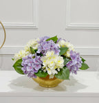 15-in Cream Purple Hydrangea Real Touch Centerpiece in Gold Metal Vase