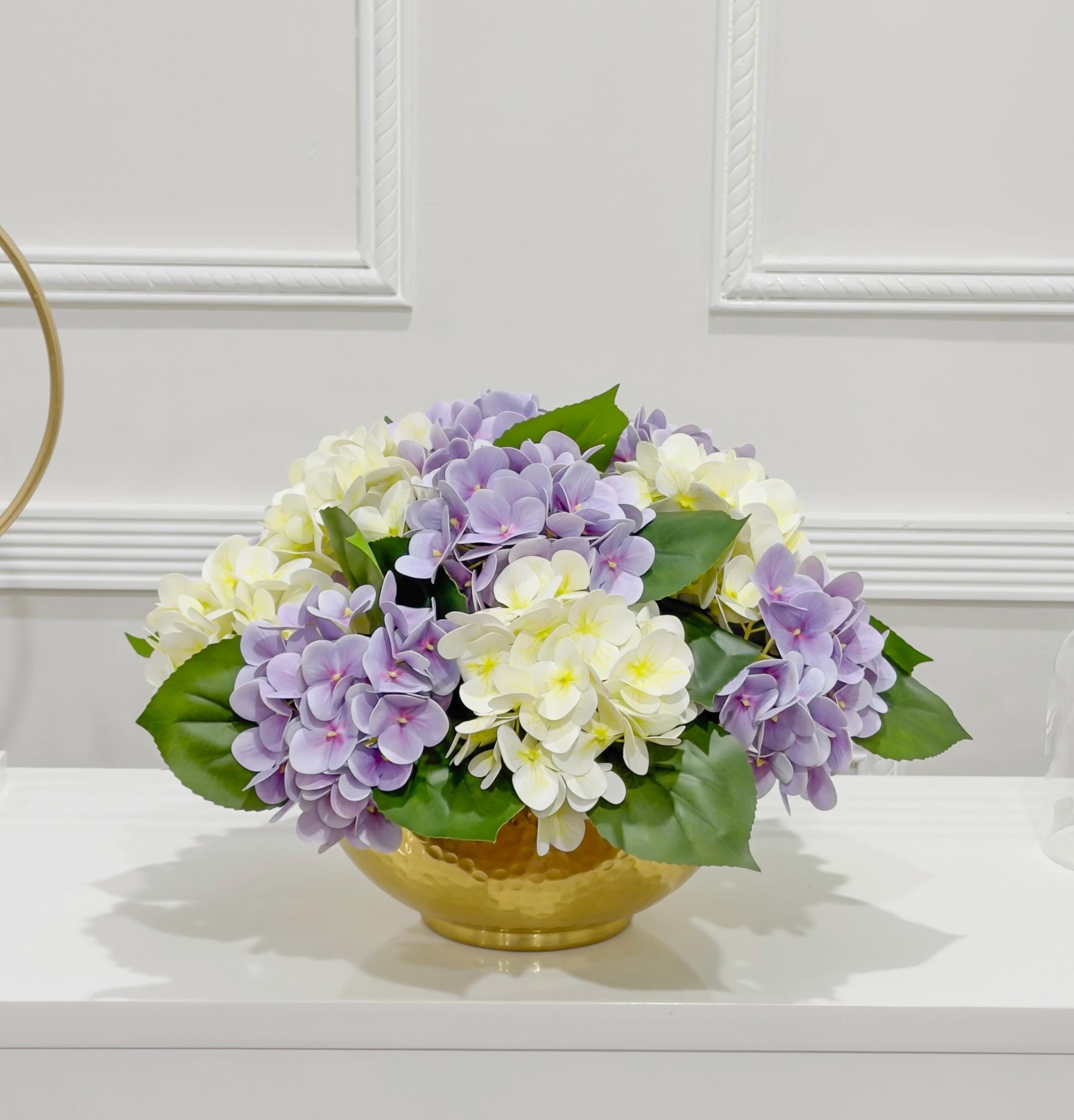 15-in Cream Purple Hydrangea Real Touch Centerpiece in Gold Metal Vase