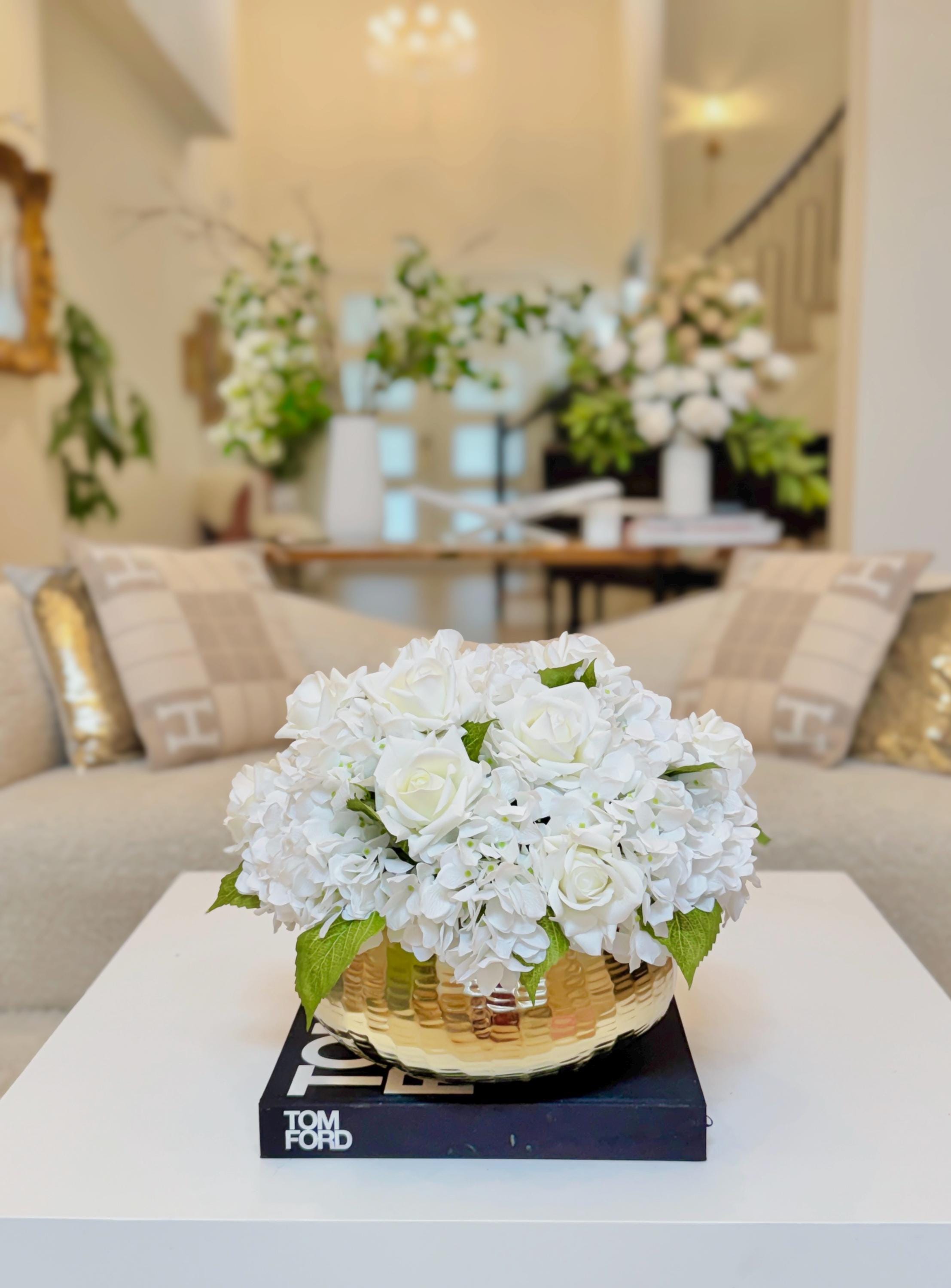 White Hydrangea Cream Rose Faux Floral Arrangement Side View