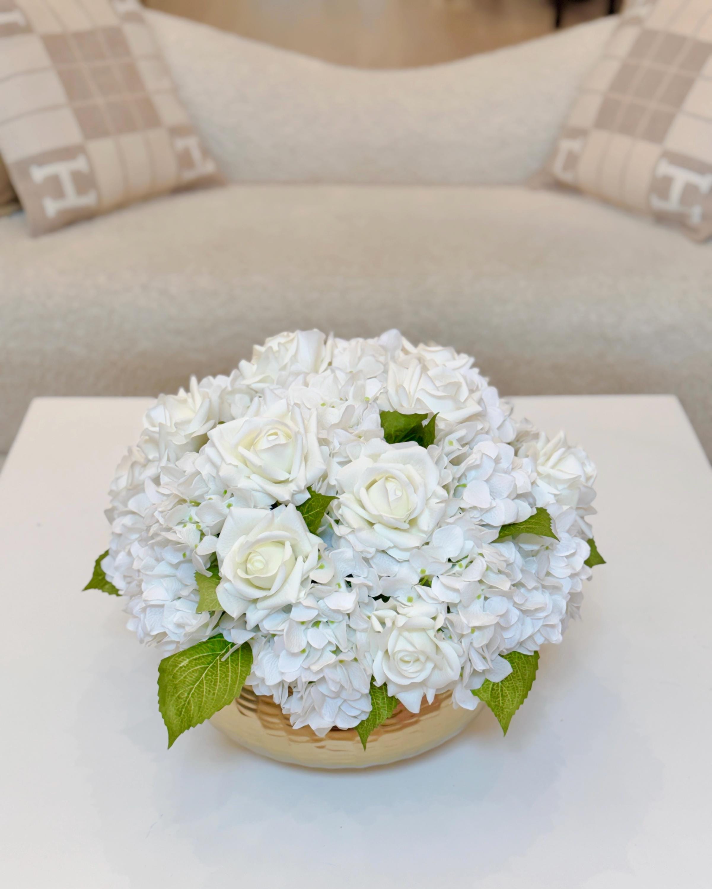 Luxury Faux Floral Arrangement Cream Rose Detail in Gold Vase