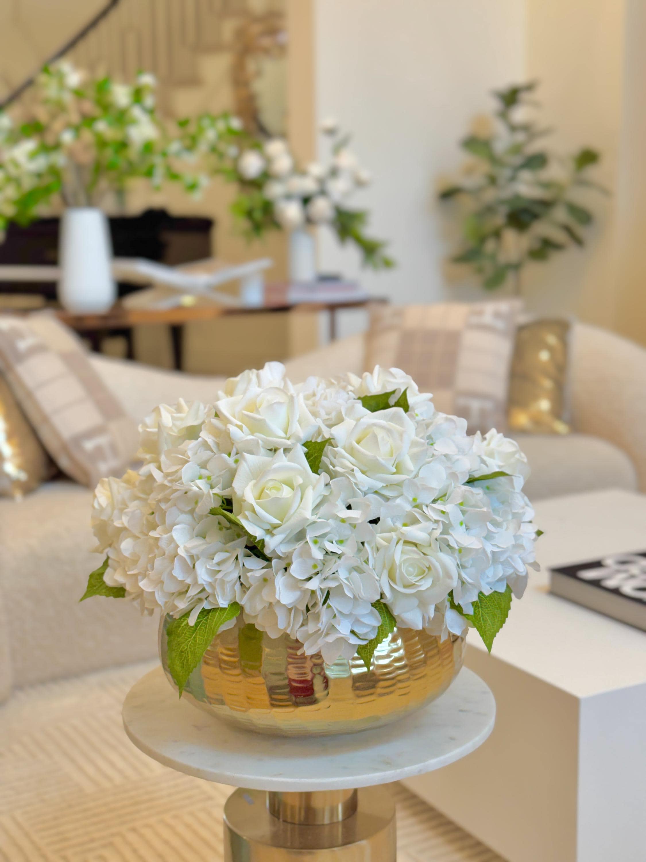 19-in White Hydrangea Cream Rose Real Touch Arrangement in Gold Vase Main image