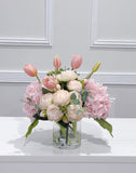 Pink hydrangea tulip peony centerpiece detail close-up