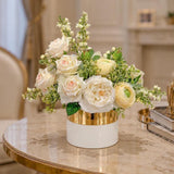 14-in White Real Touch Rose Ranunculus Centerpiece in Gold Vase - styled