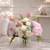 14-in Pink Real Touch Hydrangea Tulip Peony Centerpiece in Glass Vase