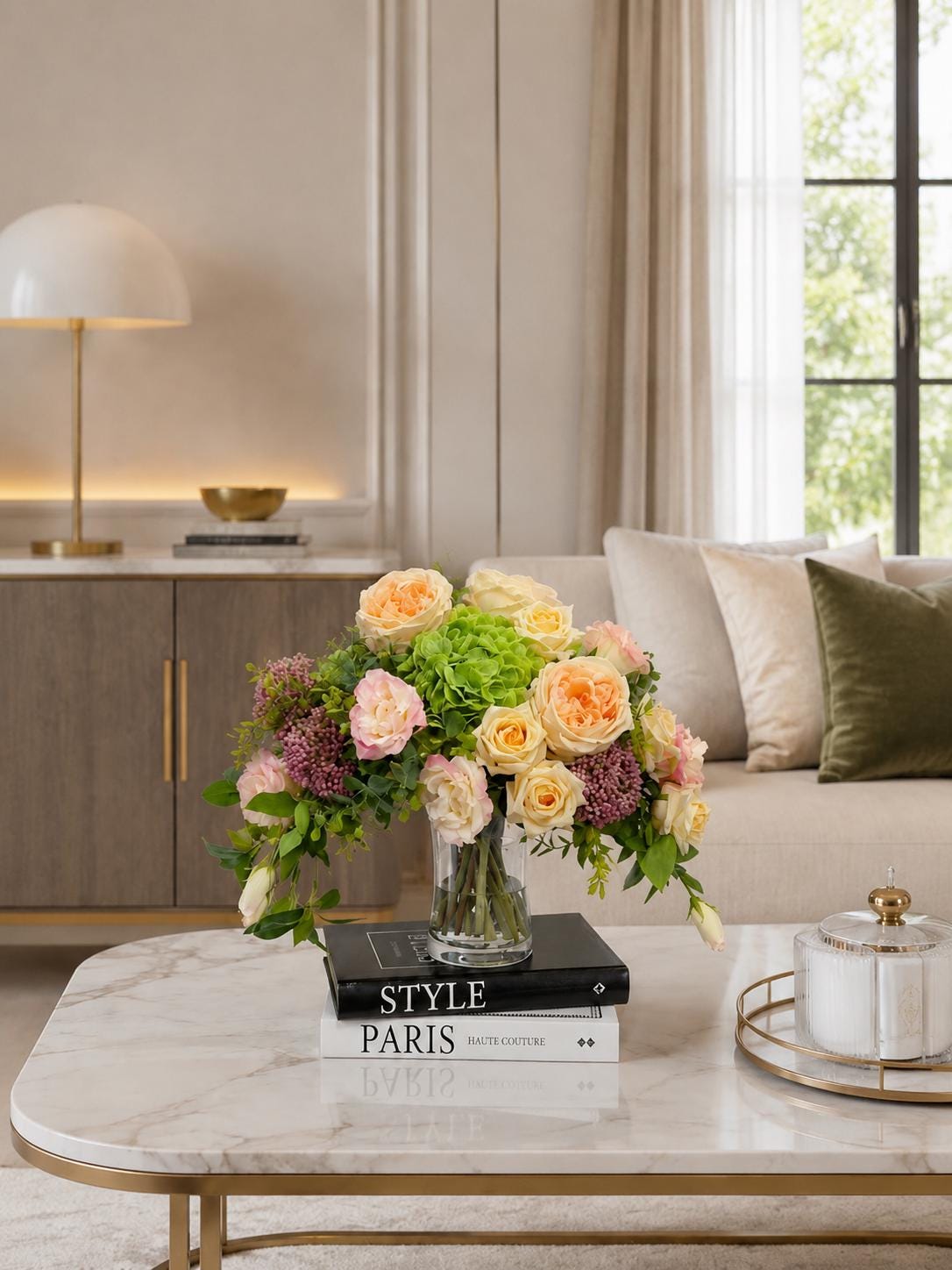Peach rose lisianthus hydrangea centerpiece angle view