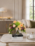 Peach rose lisianthus hydrangea centerpiece angle view