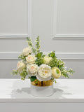 14-in White Real Touch Rose Ranunculus Centerpiece in Gold Vase - detail close-up