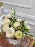 14-in White Real Touch Rose Ranunculus Centerpiece in Gold Vase - lifestyle