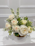 14-in White Real Touch Rose Ranunculus Centerpiece in Gold Vase - detail