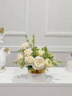 14-in White Real Touch Rose Ranunculus Centerpiece in Gold Vase - alternate