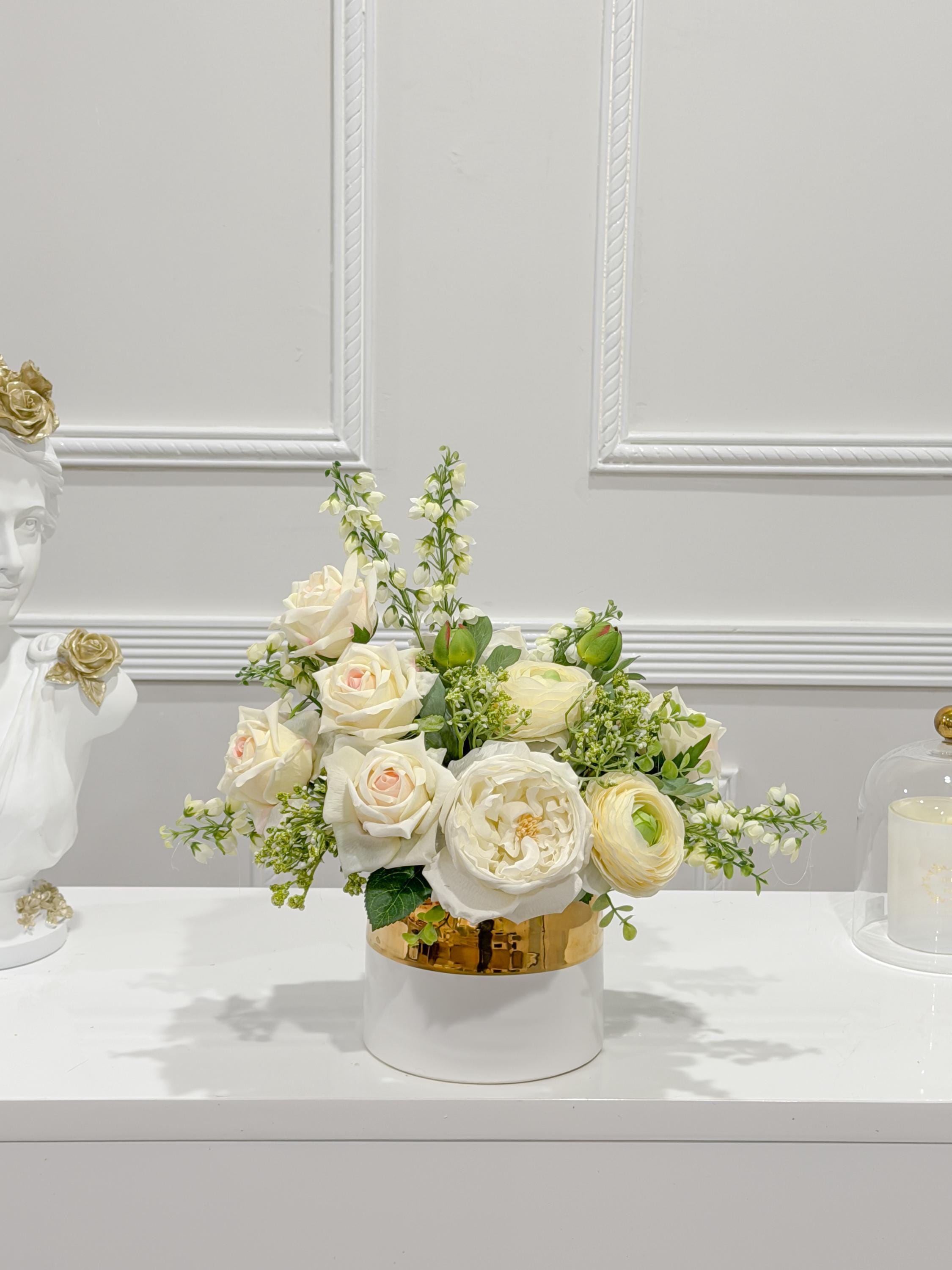 14-in White Real Touch Rose Ranunculus Centerpiece in Gold Vase - alternate