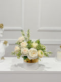 14-in White Real Touch Rose Ranunculus Centerpiece in Gold Vase - alternate