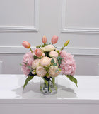 Pink hydrangea tulip peony centerpiece alternate view