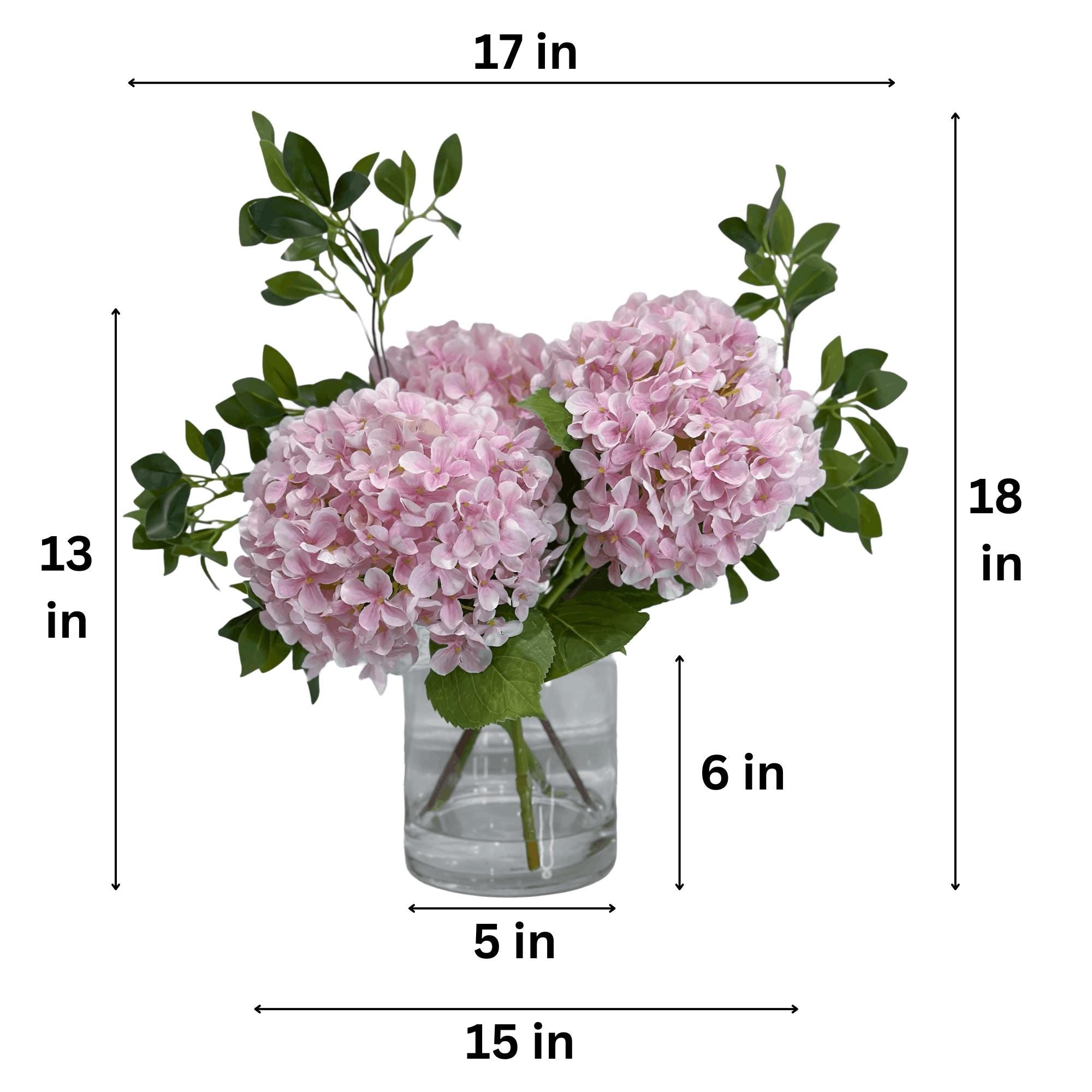 Pink Silk Hydrangea Faux Floral Arrangement in Clear Glass Cylinder Vase - styled setting