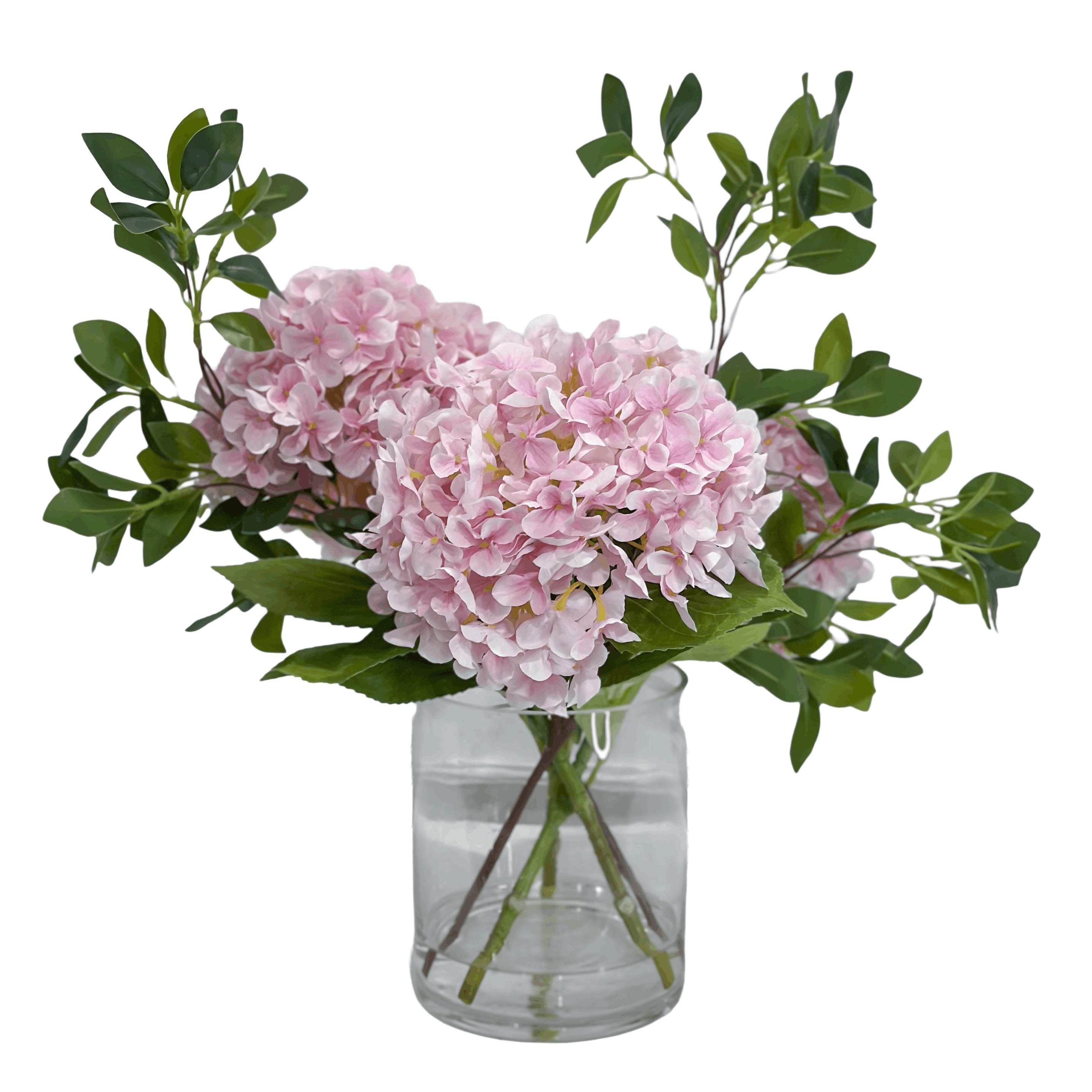 Pink Silk Hydrangea Faux Floral Arrangement in Clear Glass Cylinder Vase - top down view
