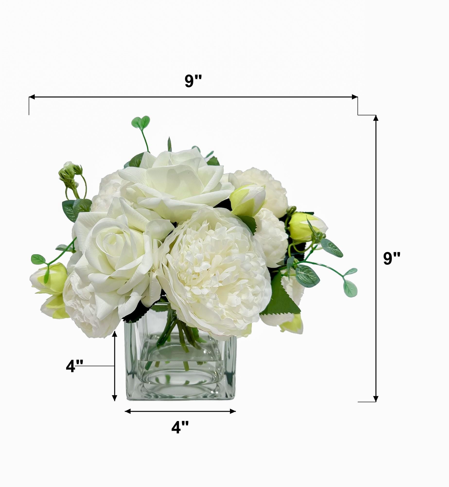 Dimensions of the white faux floral centerpiece, 9 by 9 inches, vase 4 by 4 inches