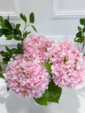 Pink Silk Hydrangea Faux Floral Arrangement in Clear Glass Cylinder Vase - bloom detail closeup