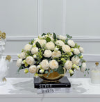 White peony centerpiece in hammered gold bowl vase