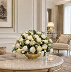 White green ombre peony arrangement in gold bowl vase