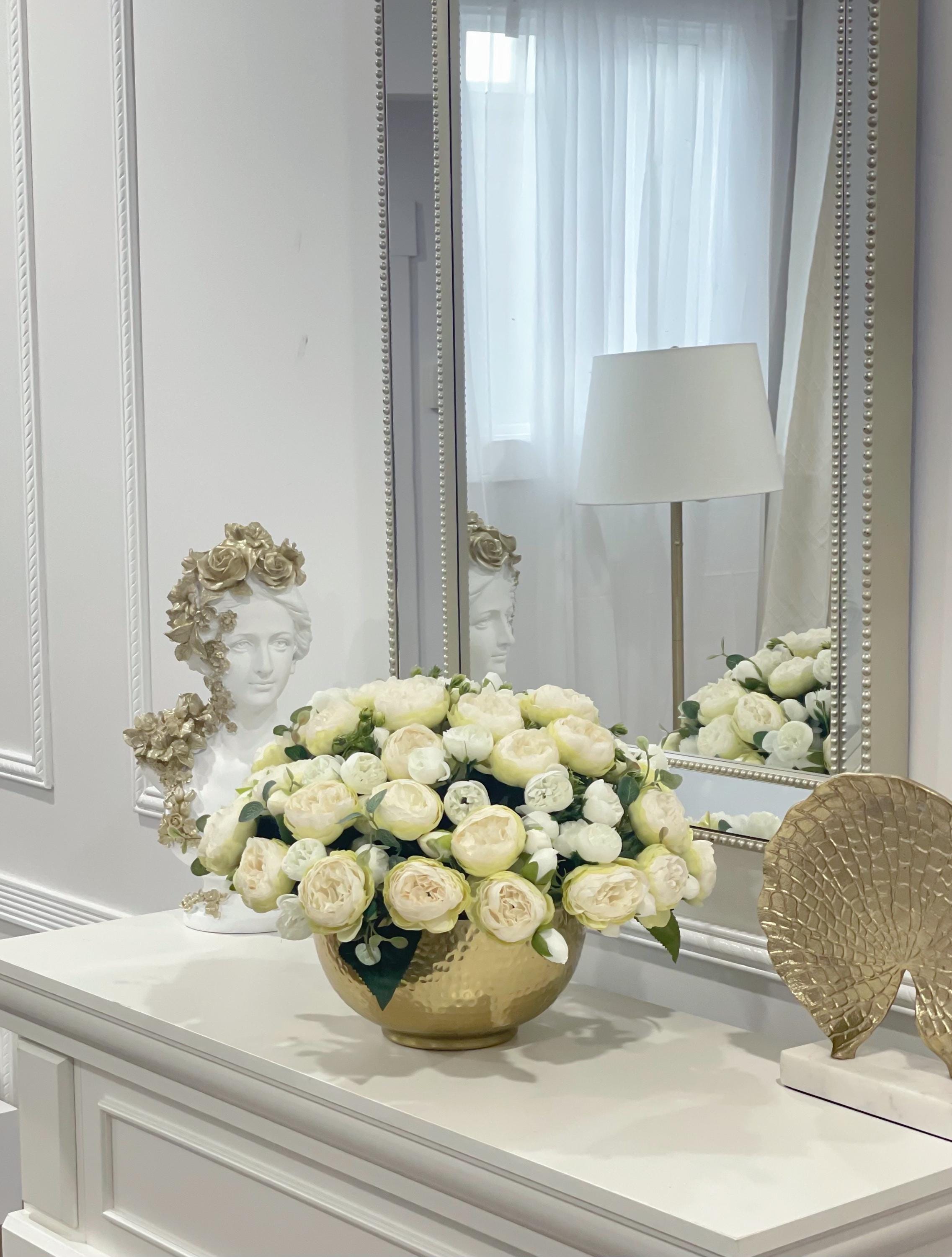 Ombre peony centerpiece styled with a mirror