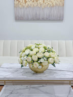 White green ombre peony arrangement side view in gold vase