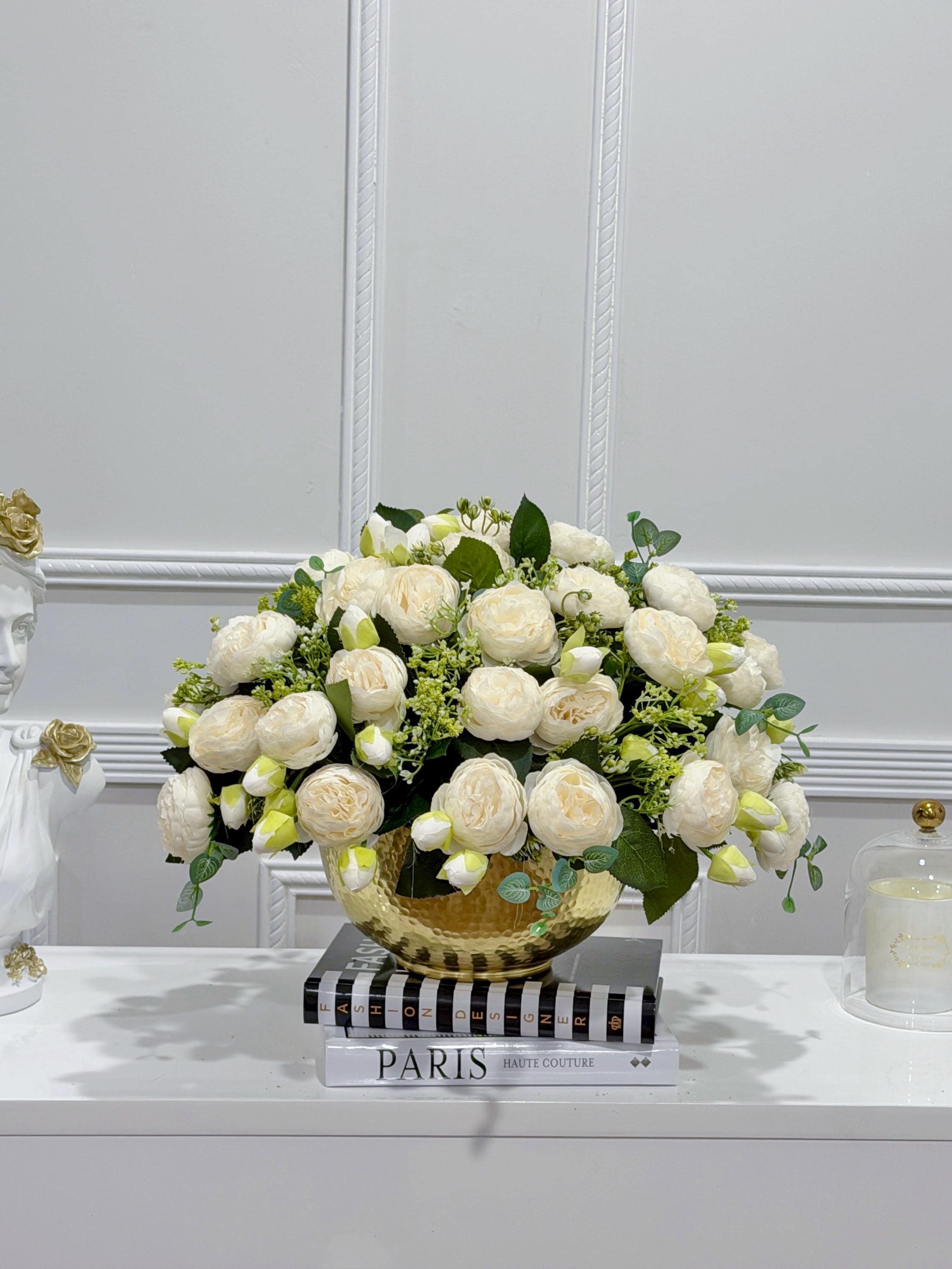 White faux peony arrangement with eucalyptus accents