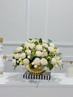 White peony centerpiece side profile in gold bowl vase