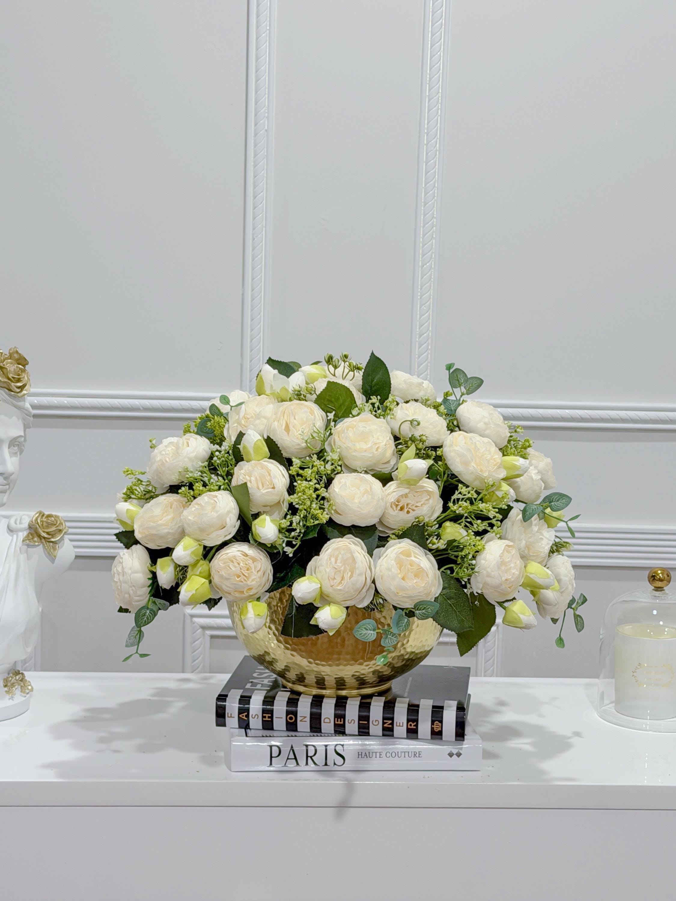 White peony centerpiece side profile in gold bowl vase