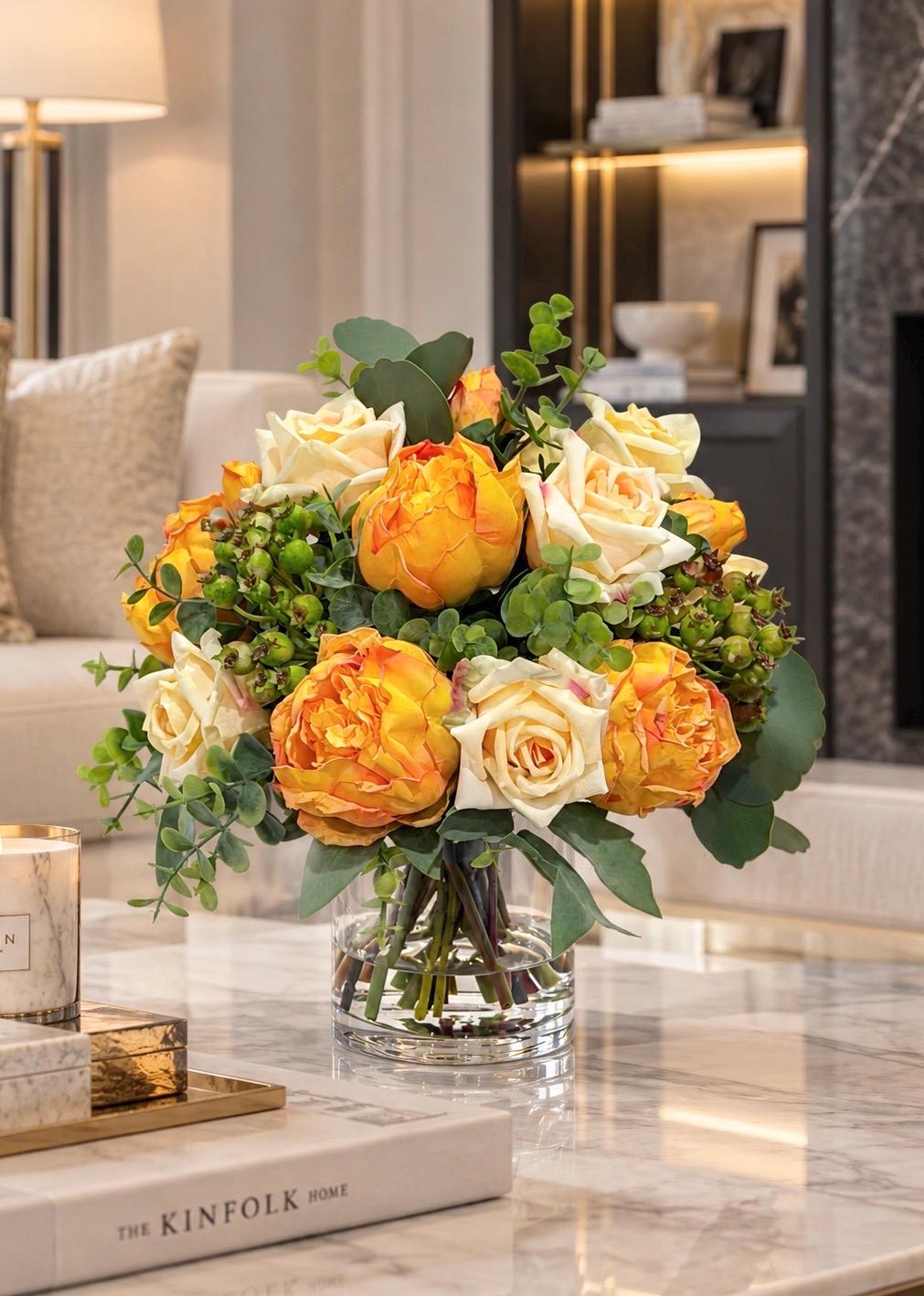 11-in Champagne Orange Real Touch Rose Peony Centerpiece in Glass Vase Main image