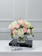 Pink White Rose Peony Real Touch Centerpiece in Glass Vase