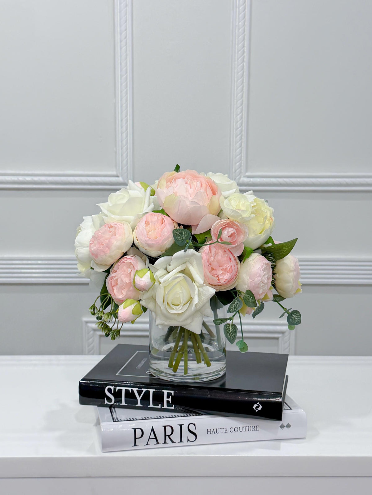 Pink White Rose Peony Real Touch Centerpiece in Glass Vase