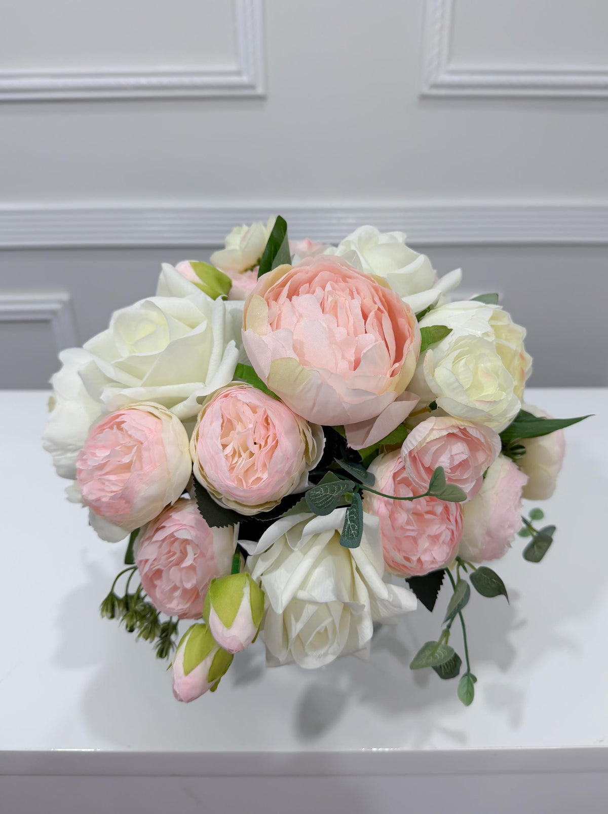 Pink White Rose Peony Real Touch Centerpiece in Glass Vase