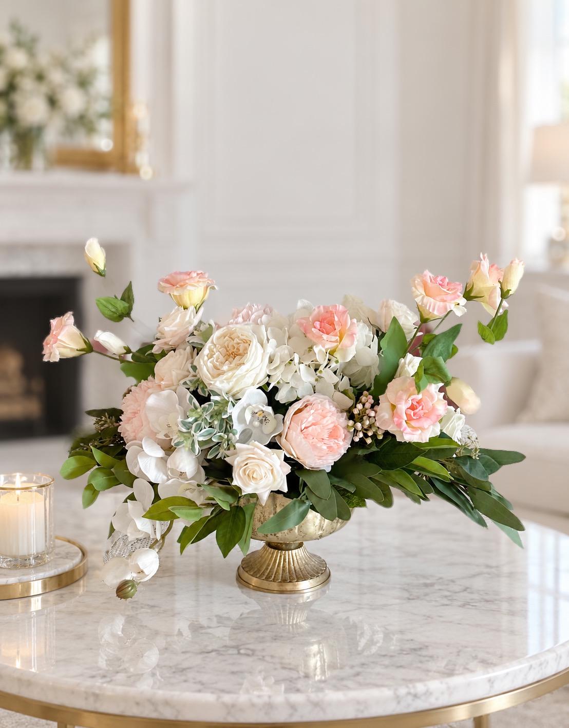 18-in Blush Cream Real Touch Rose Peony Hydrangea Centerpiece in Gold Vase